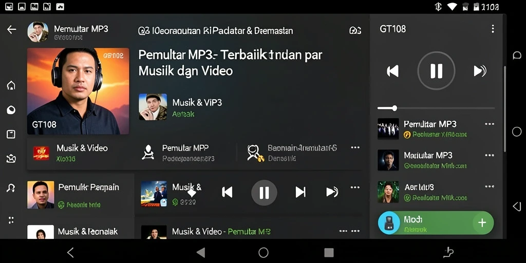 Tampilan antarmuka GT108 yang menarik untuk pemutar MP3.